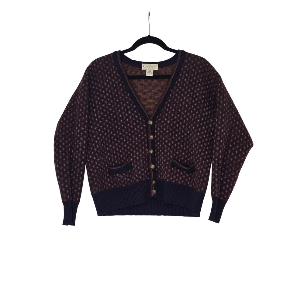 Tricots St Raphael Merino Wool Cardigan Sweater Navy Burgundy Diamond